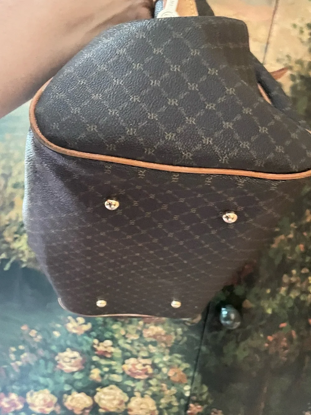 Rioni Brown Patterned Satchel with Tan Trim Handles